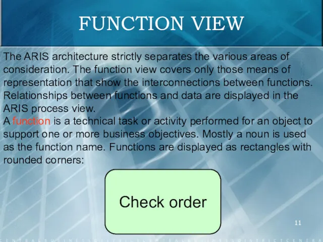 FUNCTION VIEW The ARIS architecture strictly separates the various areas