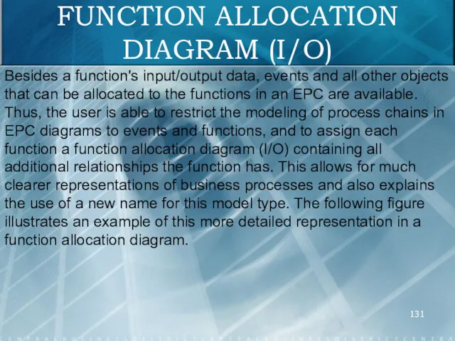 FUNCTION ALLOCATION DIAGRAM (I/O) Besides a function's input/output data, events