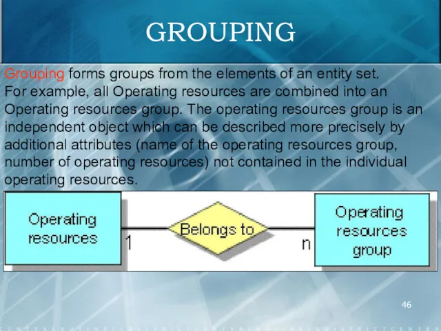 GROUPING Grouping forms groups from the elements of an entity