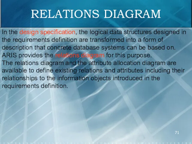 RELATIONS DIAGRAM In the design specification, the logical data structures