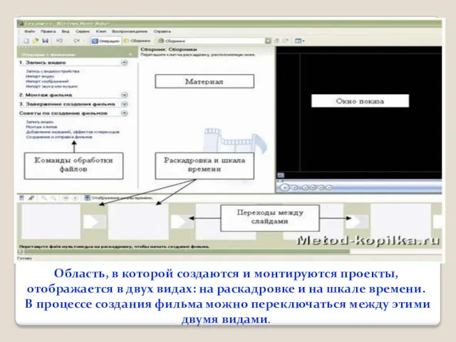 Область, в которой создаются и монтируются проекты, отображается в двух