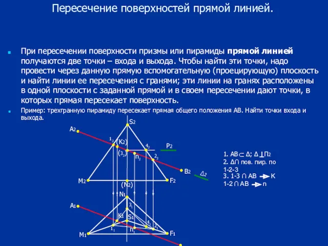 Пересечение поверхностей прямой линией. При пересечении поверхности призмы или пирамиды