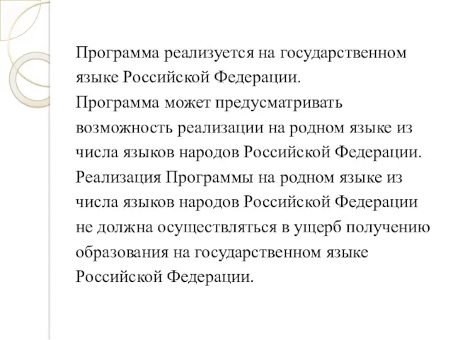 Программа реализуется на государственном языке Российской Федерации. Программа может предусматривать