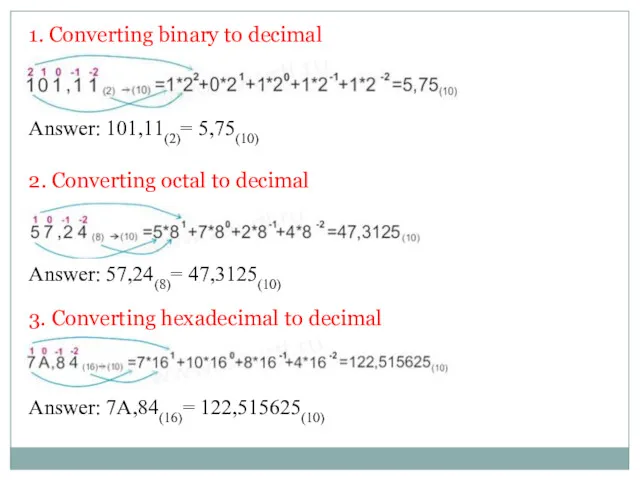 Answer: 101,11(2)= 5,75(10) 3. Converting hexadecimal to decimal 1. Converting