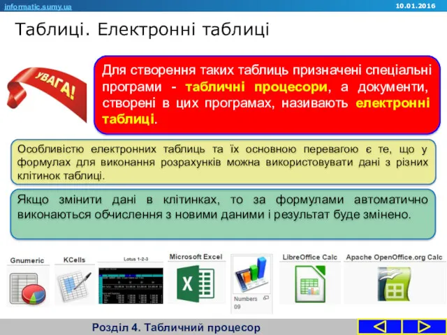 Таблиці. Електронні таблиці Розділ 4. Табличний процесор informatic.sumy.ua 10.01.2016 Для