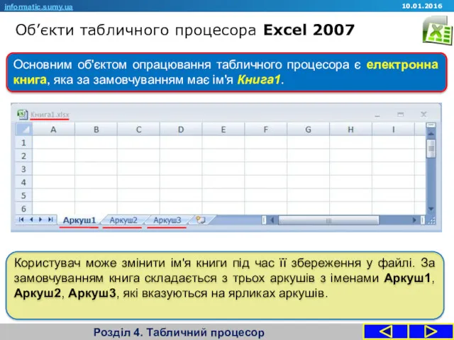 Об’єкти табличного процесора Excel 2007 Розділ 4. Табличний процесор informatic.sumy.ua