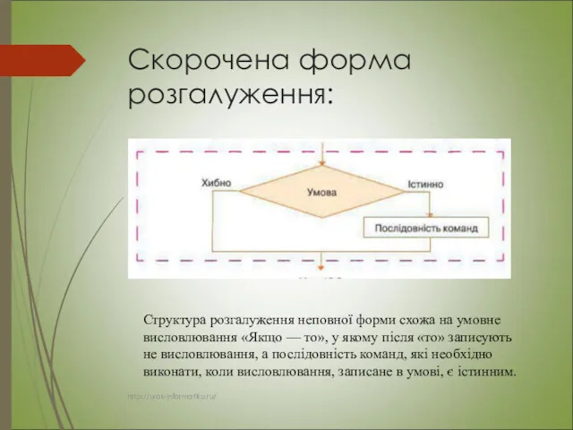 Скорочена форма розгалуження: Структура розгалуження неповної форми схожа на умовне