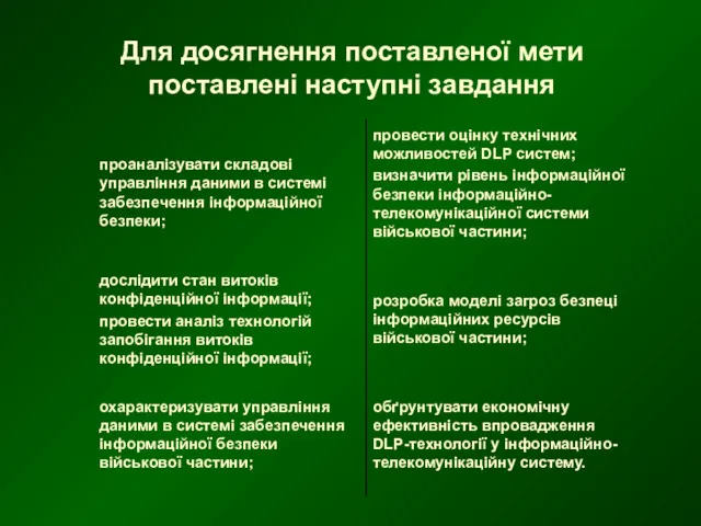 Для досягнення поставленої мети поставлені наступні завдання