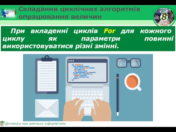 Складання циклічних алгоритмів опрацювання величин При вкладенні циклів For для