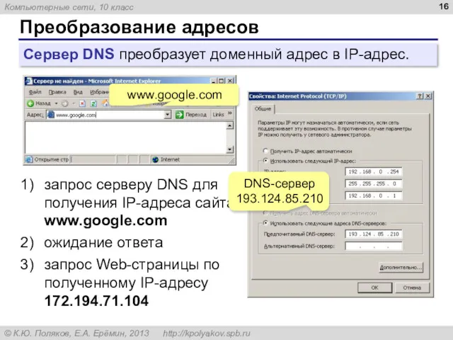 Преобразование адресов Сервер DNS преобразует доменный адрес в IP-адрес. www.google.com