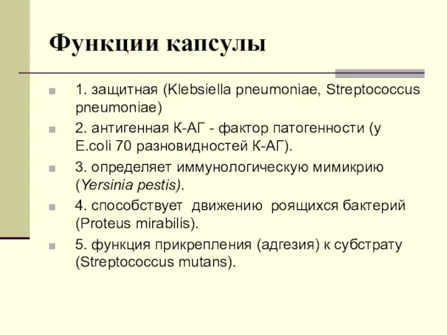 Функции капсулы 1. защитная (Klebsiella pneumoniae, Streptococcus pneumoniae) 2. антигенная