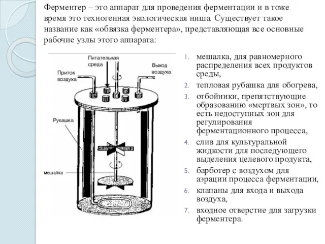 мешалка, для равномерного распределения всех продуктов среды, тепловая рубашка для