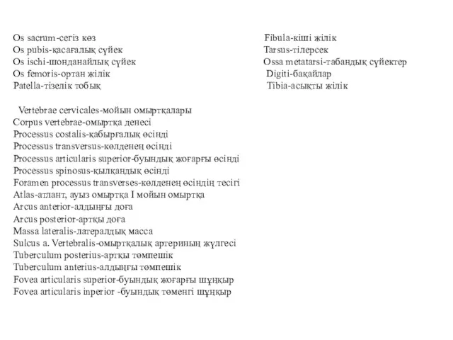 Os sacrum-сегіз көз Fibula-кіші жілік Os pubis-қасағалық сүйек Tarsus-тілерсек Os