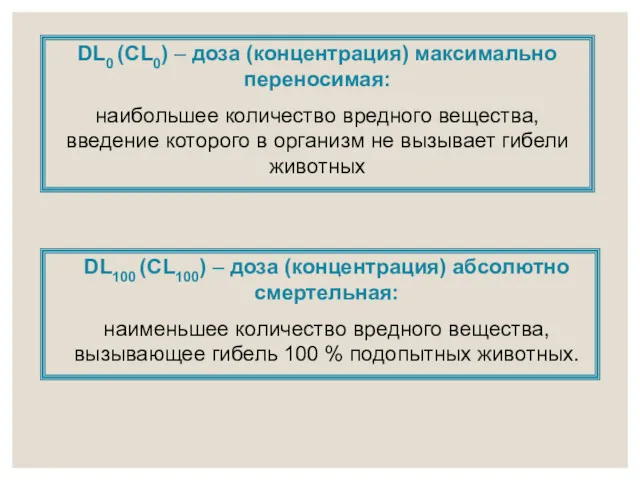 DL0 (CL0) – доза (концентрация) максимально переносимая: наибольшее количество вредного