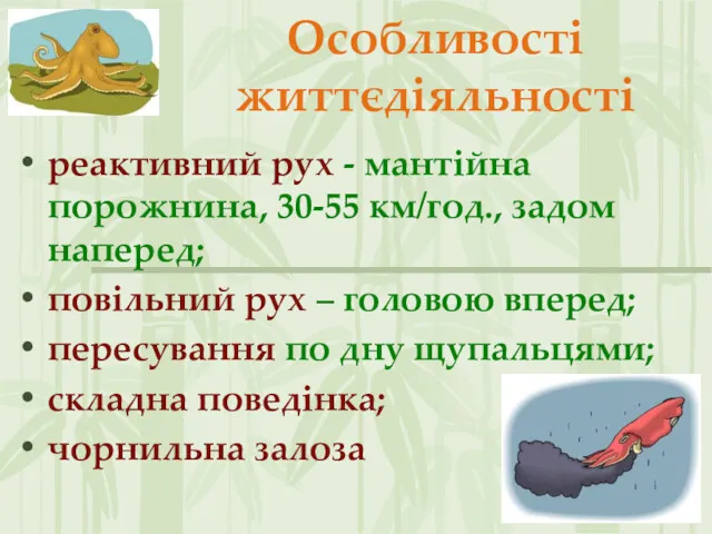 Особливості життєдіяльності реактивний рух - мантійна порожнина, 30-55 км/год., задом