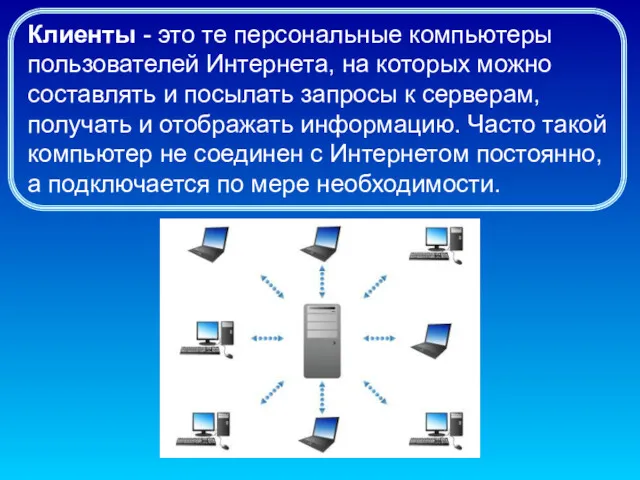 Клиенты - это те персональные компьютеры пользователей Интернета, на которых