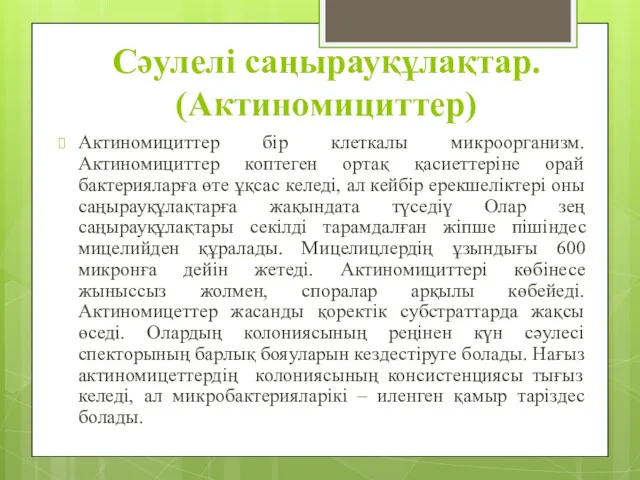 Сәулелі саңырауқұлақтар. (Актиномициттер) Актиномициттер бір клеткалы микроорганизм. Актиномициттер коптеген ортақ