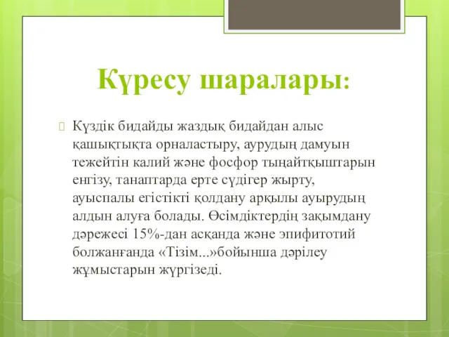 Күресу шаралары: Күздік бидайды жаздық бидайдан алыс қашықтықта орналастыру, аурудың