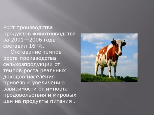 Рост производства продуктов животноводства за 2001—2006 годы составил 16 %.