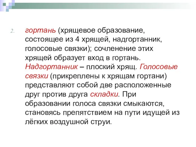 гортань (хрящевое образование, состоящее из 4 хрящей, надгортанник, голосовые связки);