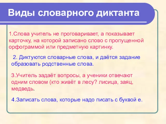 Виды словарного диктанта 1.Слова учитель не проговаривает, а показывает карточку,