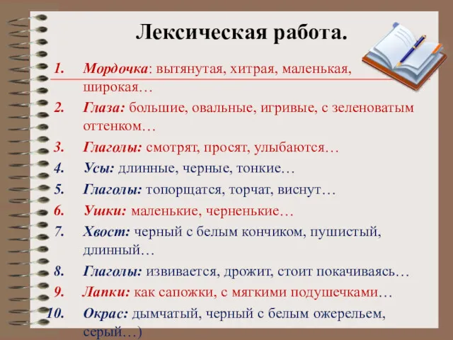 Лексическая работа. Мордочка: вытянутая, хитрая, маленькая, широкая… Глаза: большие, овальные,