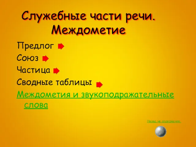 Служебные части речи. Междометие Предлог Союз Частица Сводные таблицы Междометия и звукоподражательные слова Назад на содержание.