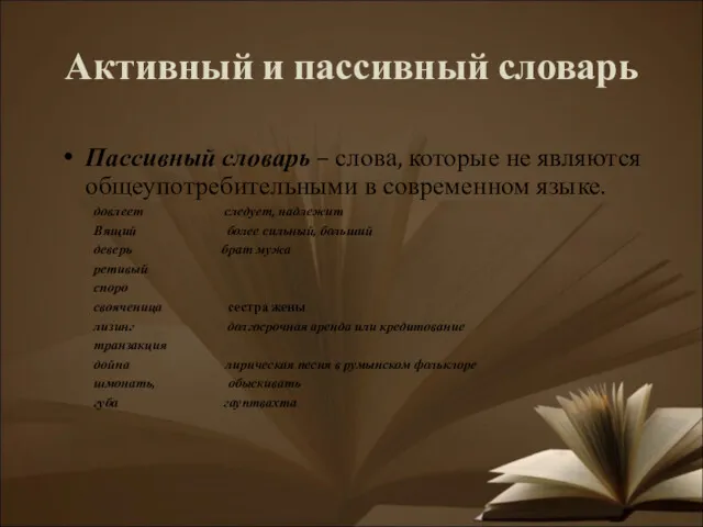 Активный и пассивный словарь Пассивный словарь – слова, которые не