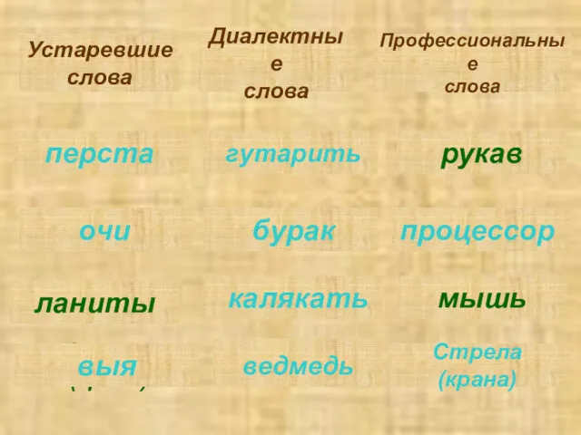 Устаревшие слова Диалектные слова Профессиональные слова гутарить калякать ланиты перста