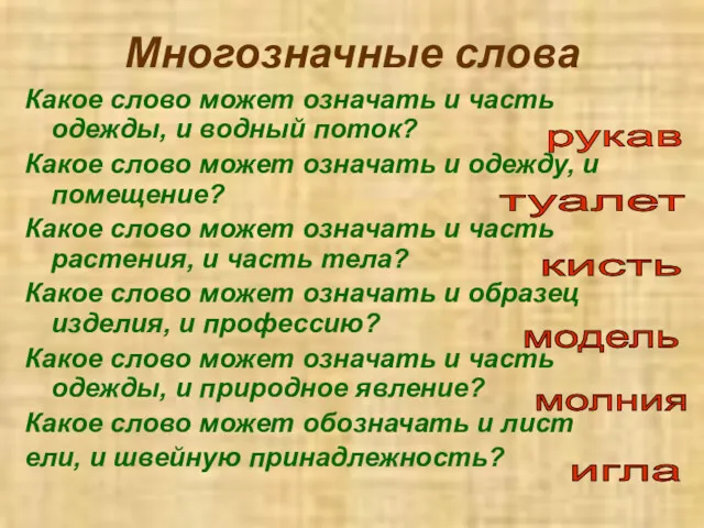 Многозначные слова Какое слово может означать и часть одежды, и