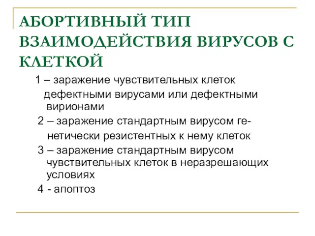 АБОРТИВНЫЙ ТИП ВЗАИМОДЕЙСТВИЯ ВИРУСОВ С КЛЕТКОЙ 1 – заражение чувствительных