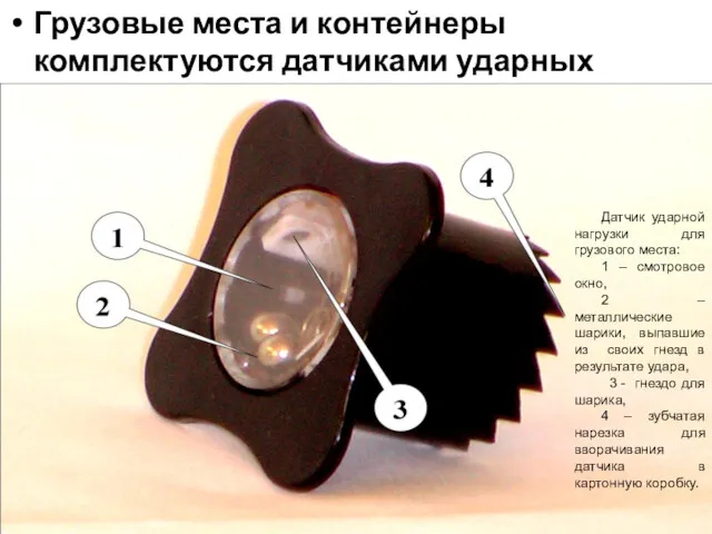 Грузовые места и контейнеры комплектуются датчиками ударных нагрузок Датчик ударной