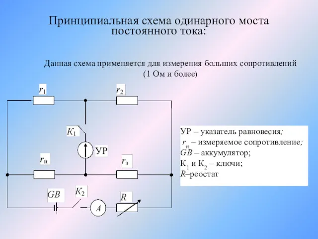 Принципиальная схема одинарного моста постоянного тока: УР – указатель равновесия;