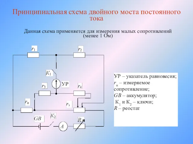 Принципиальная схема двойного моста постоянного тока УР – указатель равновесия;