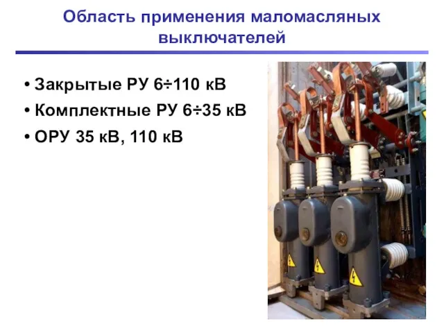 Область применения маломасляных выключателей Закрытые РУ 6÷110 кВ Комплектные РУ