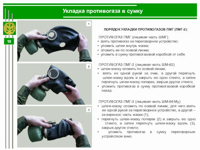 Укладка противогаза в сумку ПОРЯДОК УКЛАДКИ ПРОТИВОГАЗОВ ПМГ (ПМГ-2): ПРОТИВОГАЗ