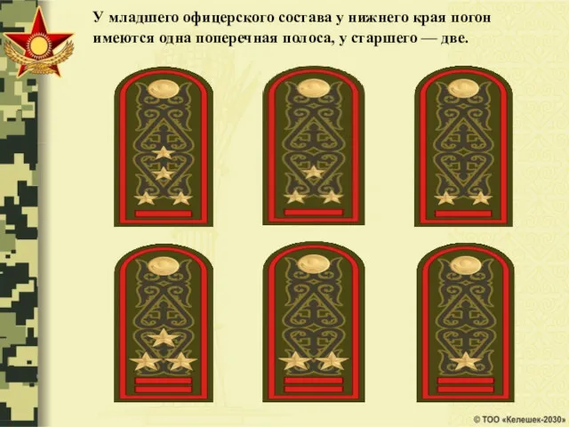 У младшего офицерского состава у нижнего края погон имеются одна поперечная полоса, у старшего — две.