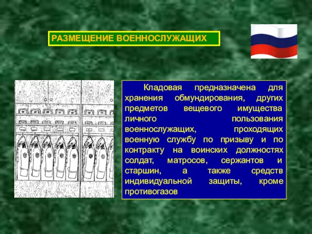 РАЗМЕЩЕНИЕ ВОЕННОСЛУЖАЩИХ Кладовая предназначена для хранения обмундирования, других предметов вещевого