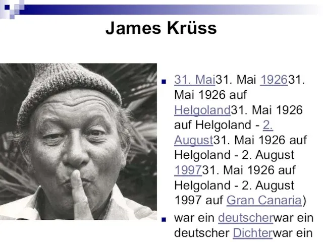 James Krüss 31. Mai31. Mai 192631. Mai 1926 auf Helgoland31.