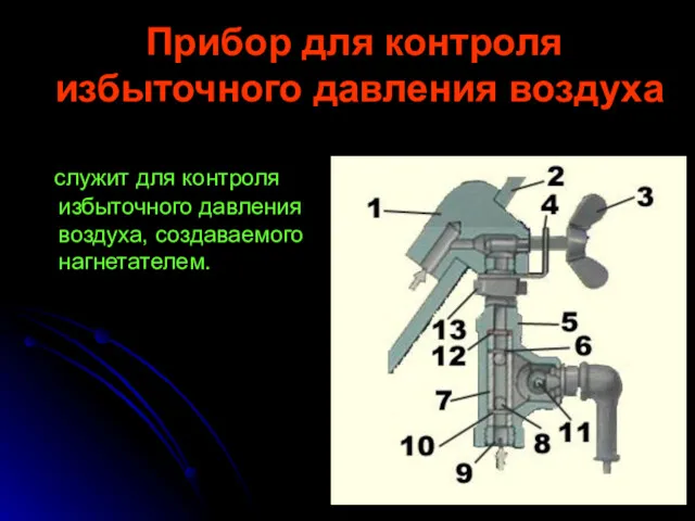 Прибор для контроля избыточного давления воздуха служит для контроля избыточного давления воздуха, создаваемого нагнетателем.