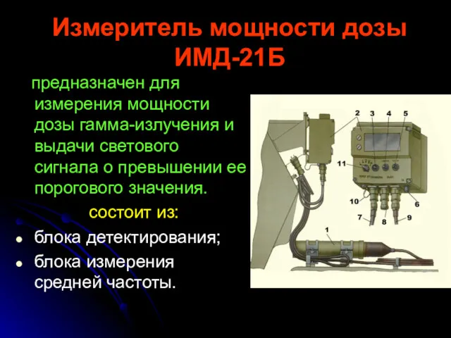 Измеритель мощности дозы ИМД-21Б предназначен для измерения мощности дозы гамма-излучения