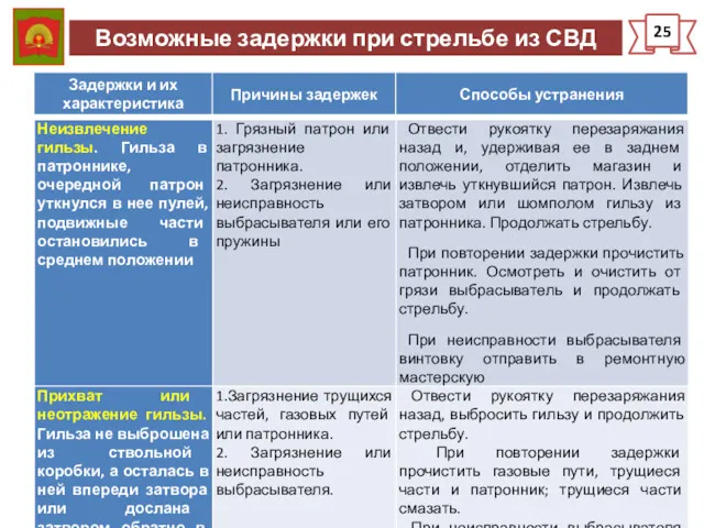 Возможные задержки при стрельбе из СВД 25