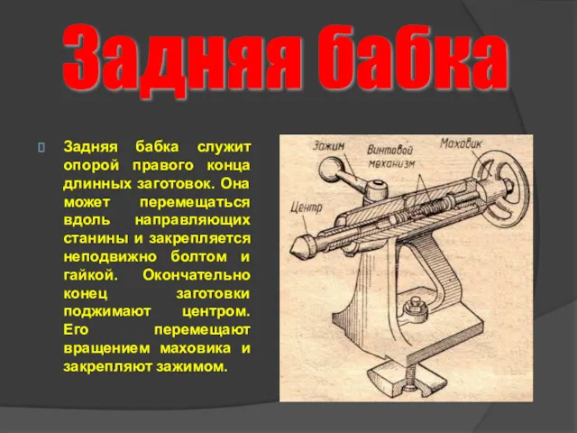 Задняя бабка служит опорой правого конца длинных заготовок. Она может