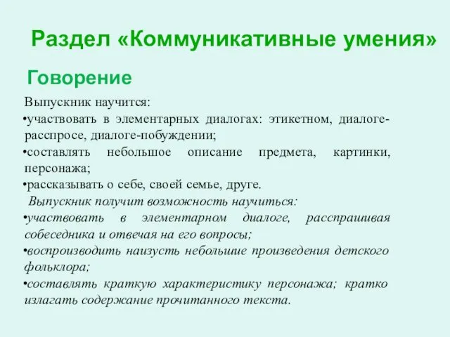 Раздел «Коммуникативные умения» Говорение Выпускник научится: участвовать в элементарных диалогах: