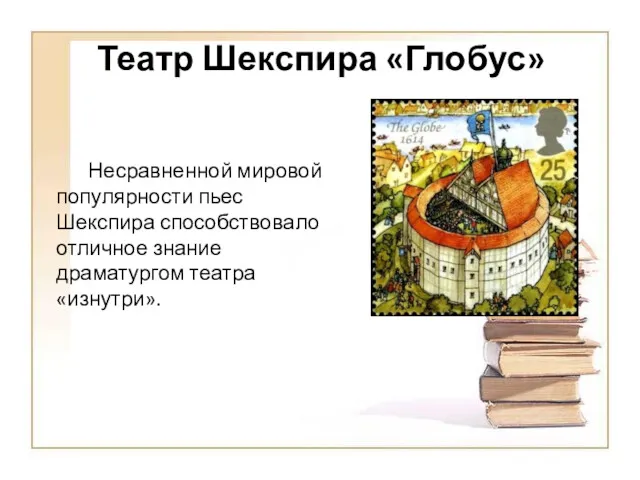 Театр Шекспира «Глобус» Несравненной мировой популярности пьес Шекспира способствовало отличное знание драматургом театра «изнутри».