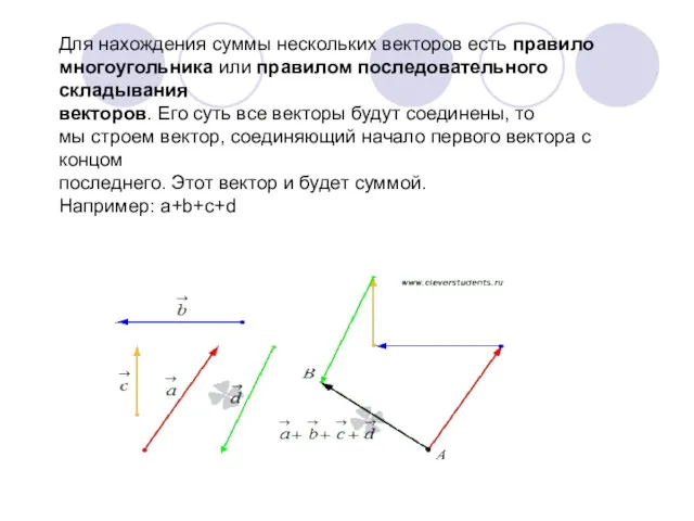Для нахождения суммы нескольких векторов есть правило многоугольника или правилом