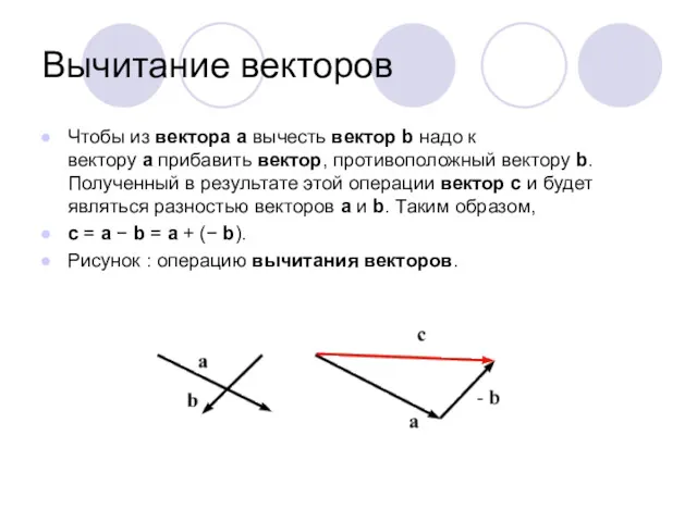 Вычитание векторов Чтобы из вектора а вычесть вектор b надо к вектору а