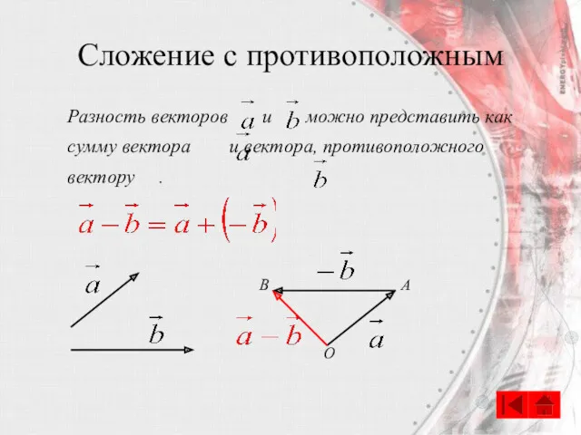 Сложение с противоположным Разность векторов и можно представить как сумму