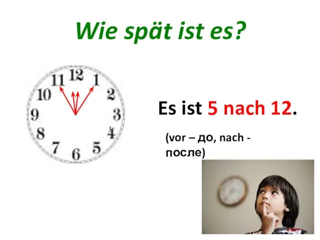 Wie spät ist es? Es ist ... . 5 vor