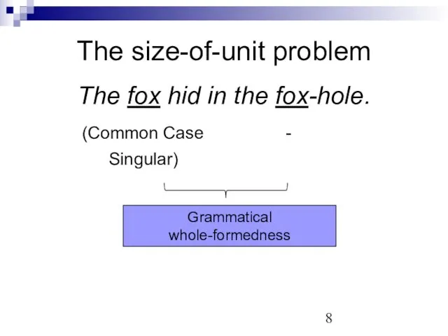 The size-of-unit problem The fox hid in the fox-hole. (Common Case - Singular) Grammatical whole-formedness